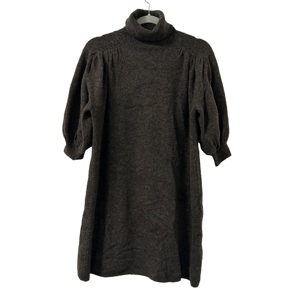 Zara Wool Blend Turtleneck Sweater Dress L‎ Brown Balloon Sleeves Minimalist